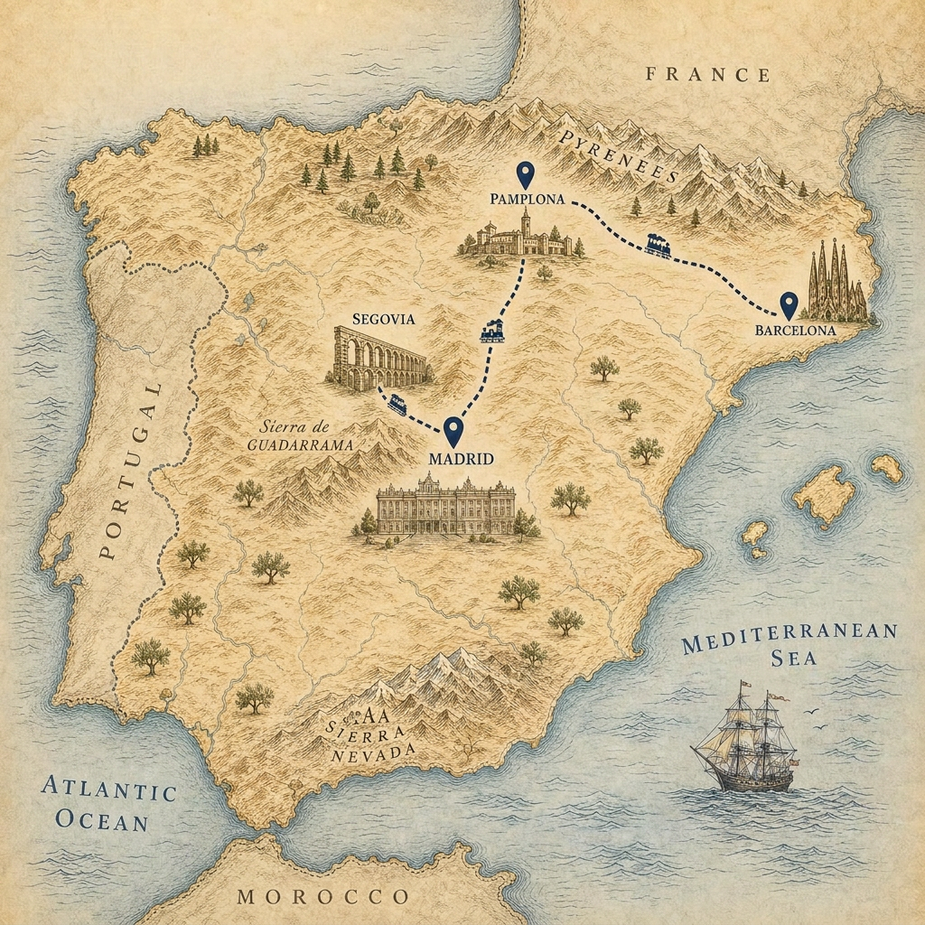 Illustrated vintage map of Spain showing the rail route from Madrid to Segovia, Pamplona and Barcelona